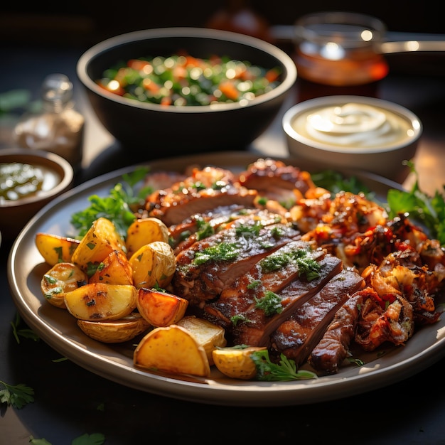 Un plato de comida con bistec y papas