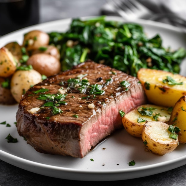 Un plato de comida con bistec y papas