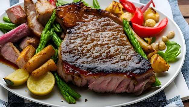 Un plato de comida con bistec y verduras.