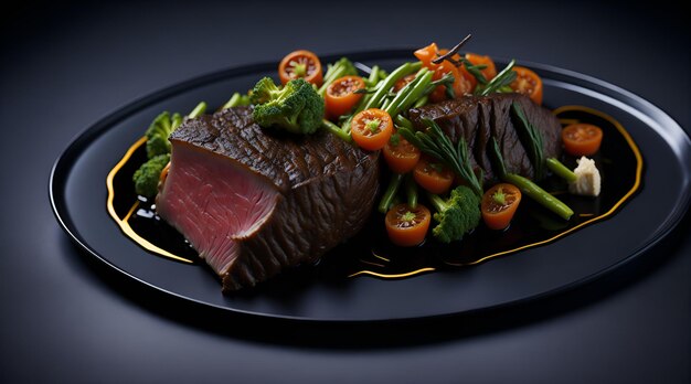 Un plato de comida con bistec y verduras.