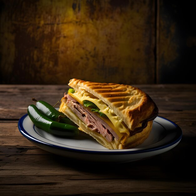 Un plato de comida con un borde azul y un plato con un sándwich.