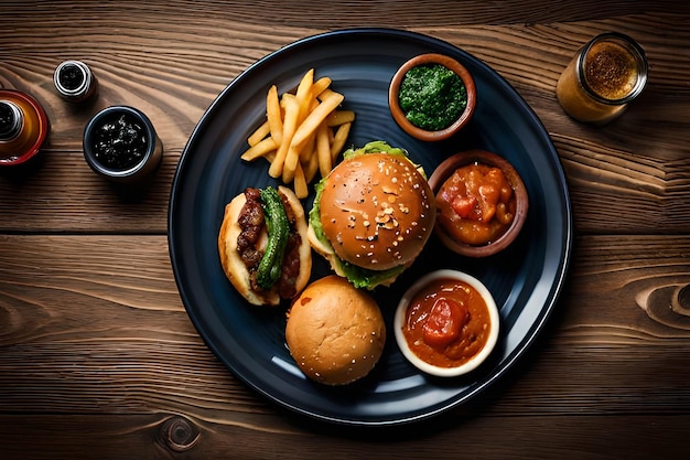 Un plato de comida con una botella de salsa al lado.