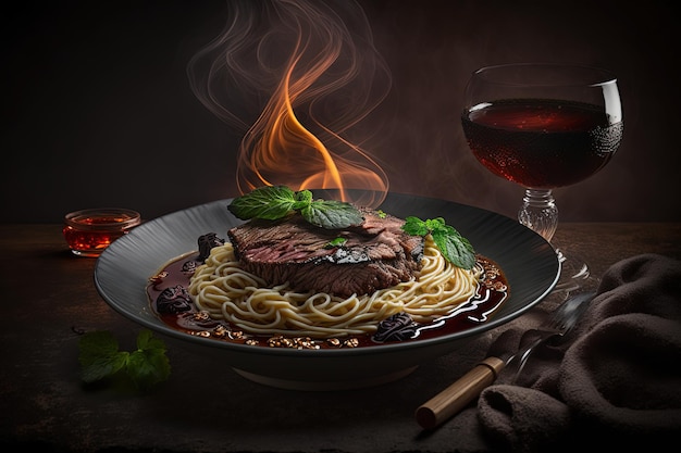 Un plato de comida con una botella de vino y una copa de vino.