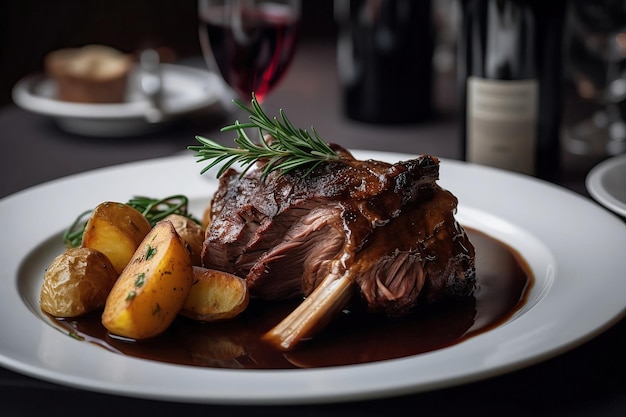 Un plato de comida con una botella de vino sobre la mesa.