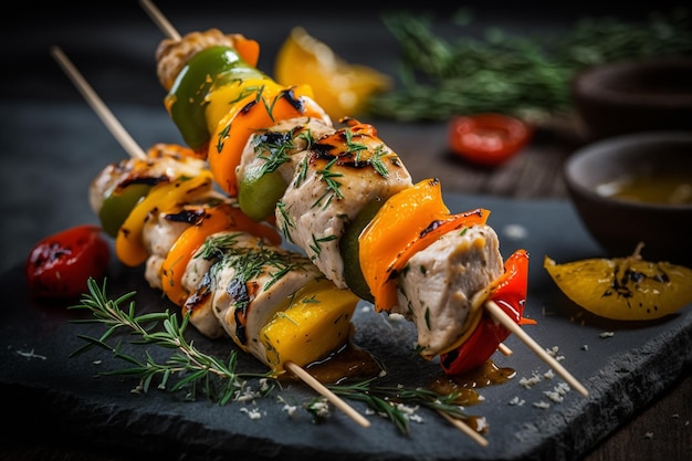 Un plato de comida con una brocheta de brochetas de pollo