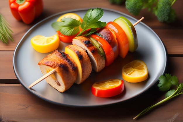 Un plato de comida con una brocheta de verduras.