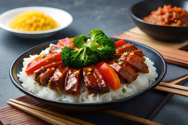 un plato de comida con brócoli y arroz