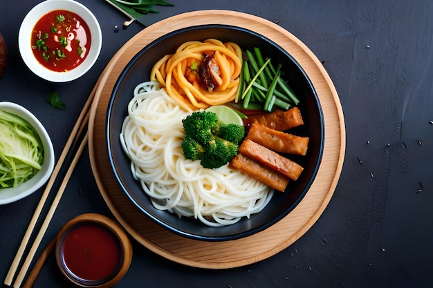 un plato de comida con brócoli, fideos y fideos.