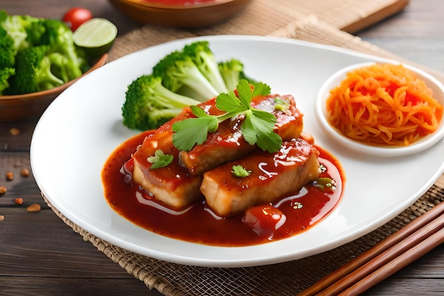 un plato de comida con brócoli y salsa roja.