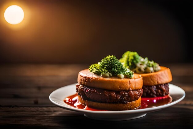 un plato de comida con brócoli y un sándwich en el plato