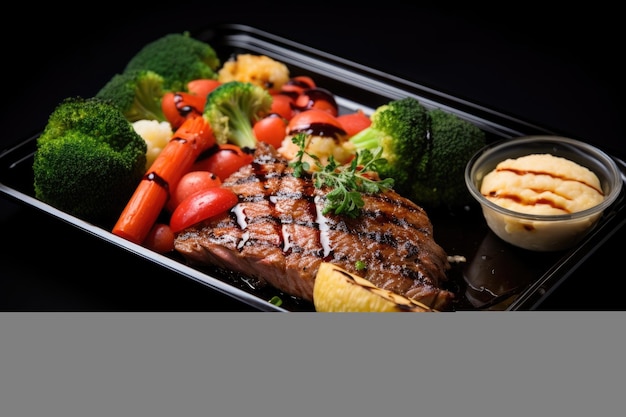 Un plato de comida con brócoli, zanahorias y papas, comida preparada