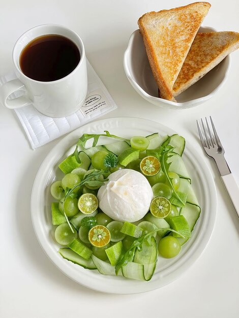 Un plato de comida con café y un plato de comida con un sándwich.