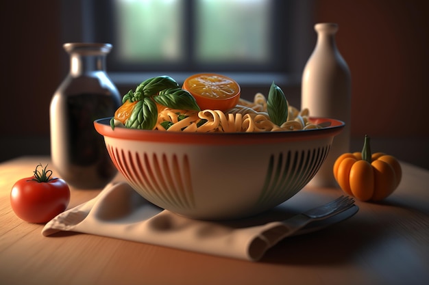 Un plato de comida con una calabaza al lado.