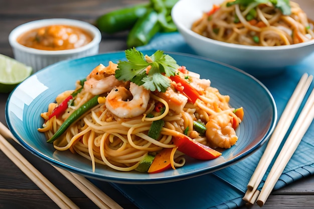 Un plato de comida con camarones y fideos.