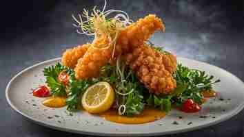 Foto un plato de comida con camarones y verduras en él