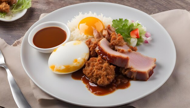 Foto un plato de comida con carne de arroz y arroz