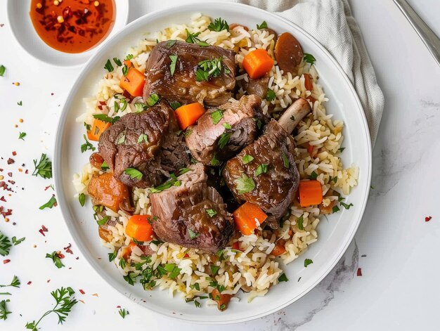 un plato de comida con carne de arroz y verduras