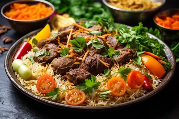 Un plato de comida con carne y arroz.