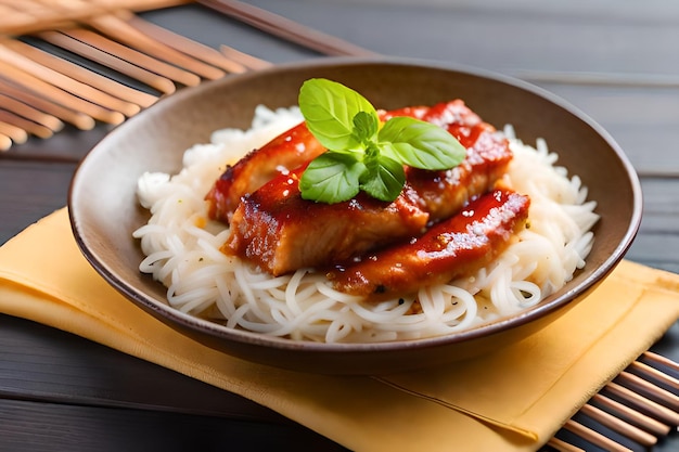 un plato de comida con carne y fideos