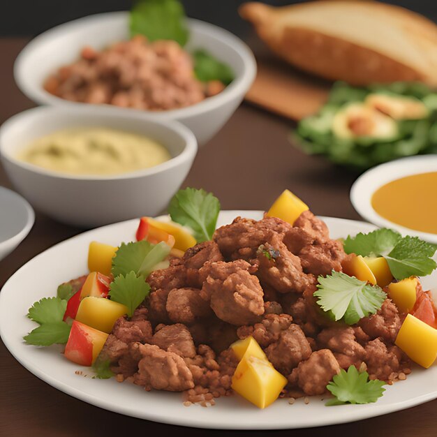 Foto un plato de comida con carne, frutas y un pan en él