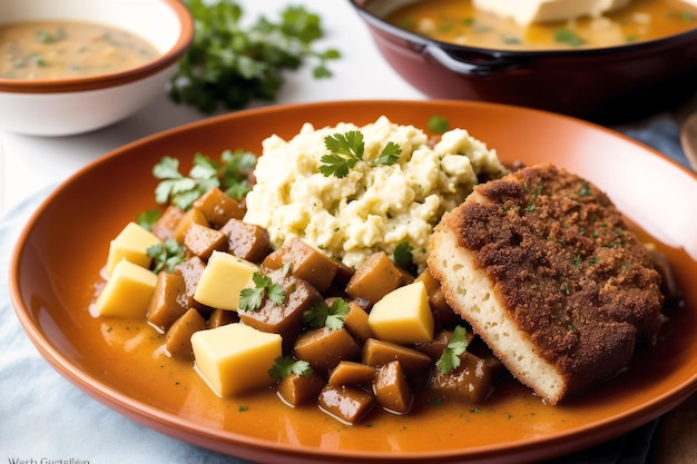 Un plato de comida con carne y papas