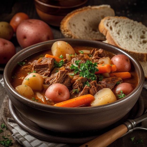 un plato de comida con carne, patatas y pan.