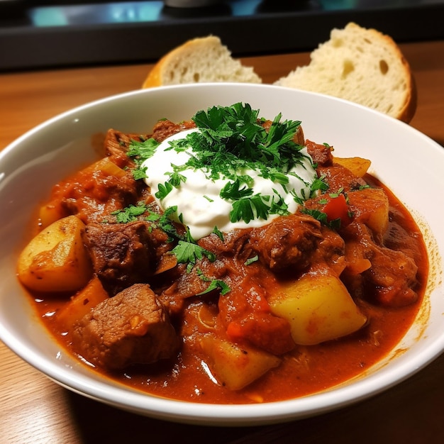 Un plato de comida con carne, queso y perejil.