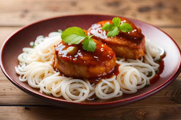 un plato de comida con carne y salsa