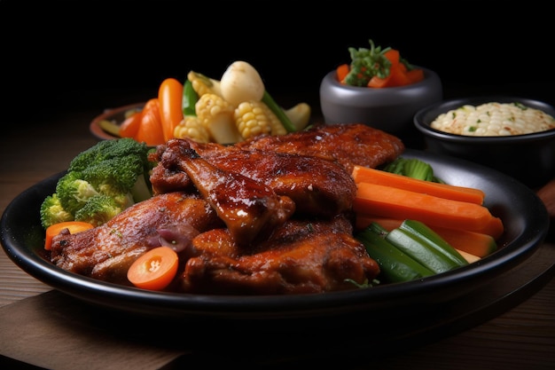 Un plato de comida con carne verduras y arroz IA generativa