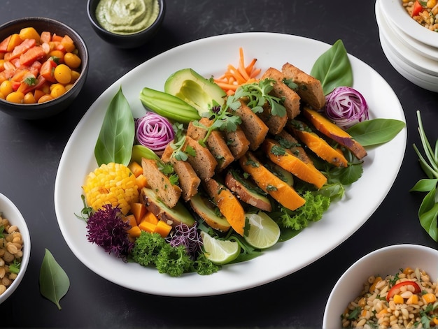 un plato de comida con carne, verduras y arroz