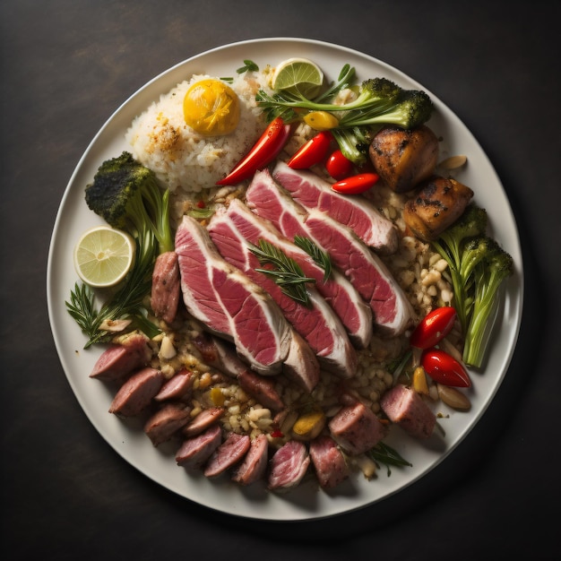 Un plato de comida con carne, verduras y arroz.