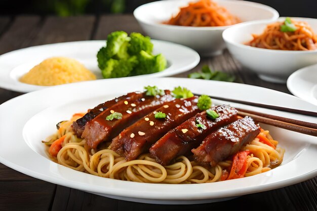 Foto un plato de comida con carne, verduras y arroz.