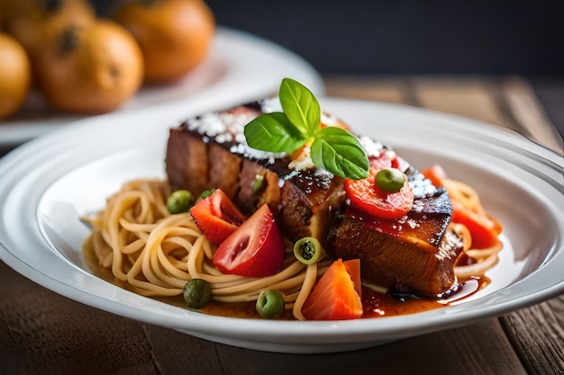 un plato de comida con carne, verduras y fideos.