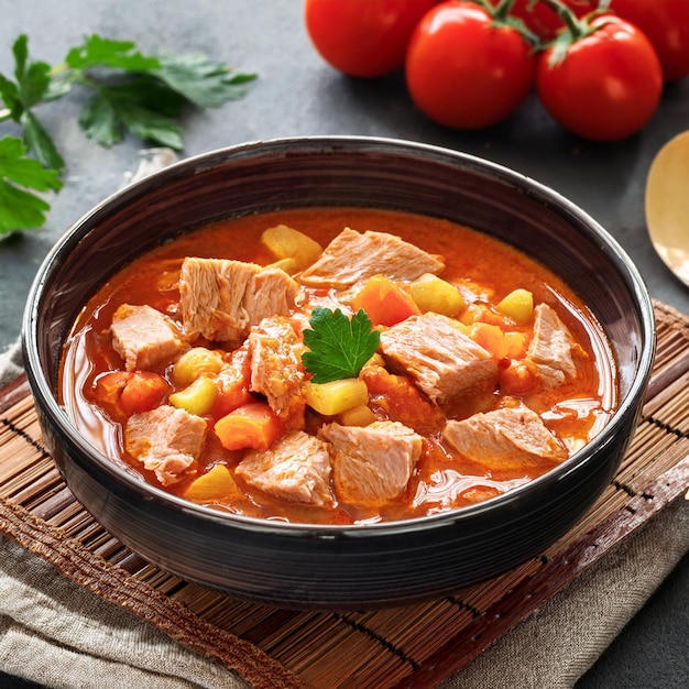 un plato de comida con carne y verduras en una mesa