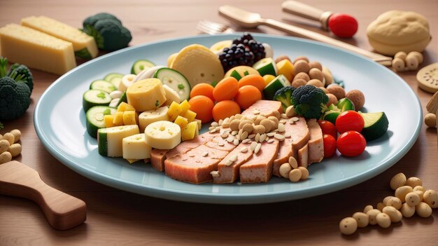 Foto un plato de comida con carne, verduras y queso