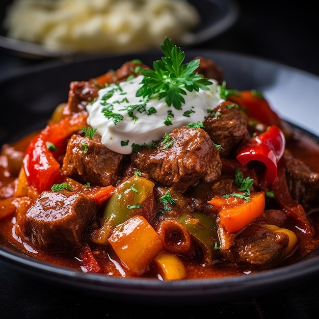 Un plato de comida con carne, verduras y queso.