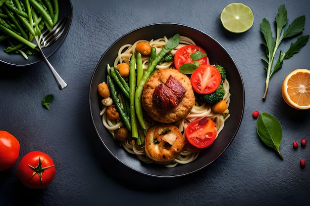 Un plato de comida con carne y verduras sobre un fondo oscuro