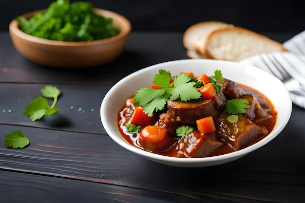 Foto un plato de comida con carne y verduras sobre una mesa.