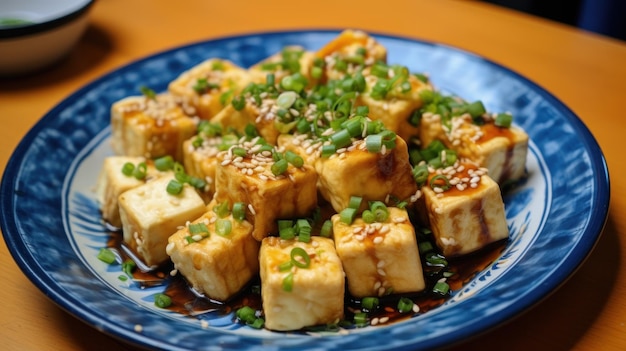 un plato de comida con cebollas verdes y tofu