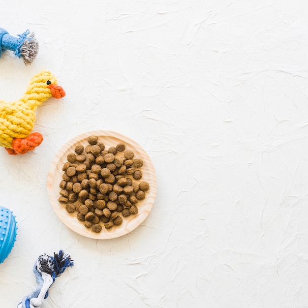 Plato con comida cerca de juguetes para mascotas