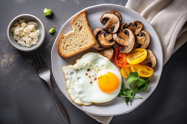 Un plato de comida con champiñones, huevos, champiñones y tostadas.