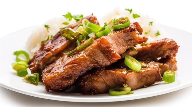 Un plato de comida china con arroz y chuletas de cerdo