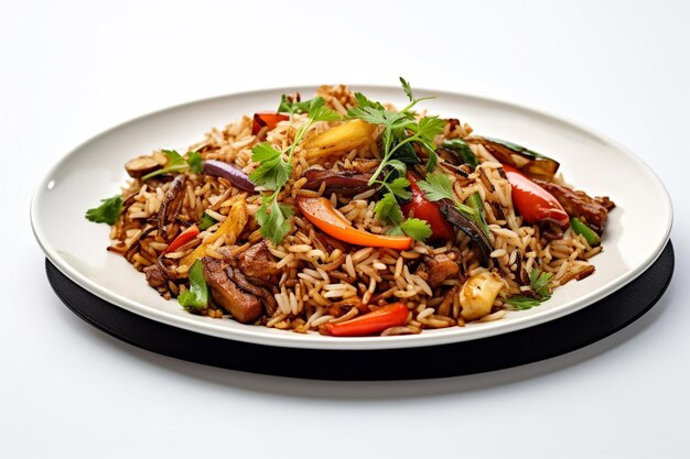 Un plato de comida china con arroz y verduras.