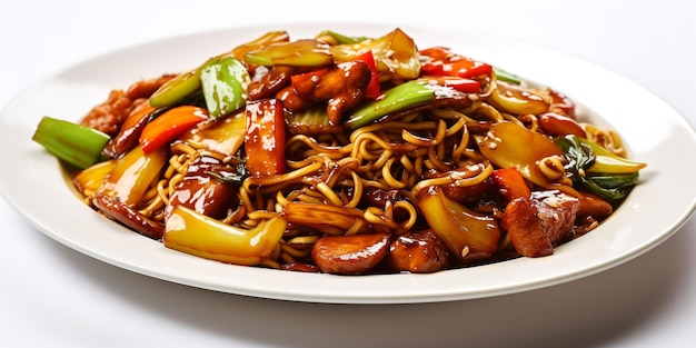 Un plato de comida china con fideos y verduras.