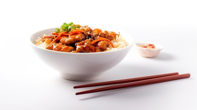 Un plato de comida china con palillos sobre una mesa blanca.