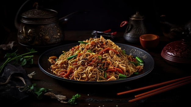 Un plato de comida china con un plato de fideos y una taza de té.