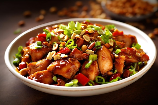 Un plato de comida china con salsa roja y cebollas verdes al lado.