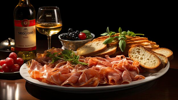 un plato de comida con una copa de vino y pan encima