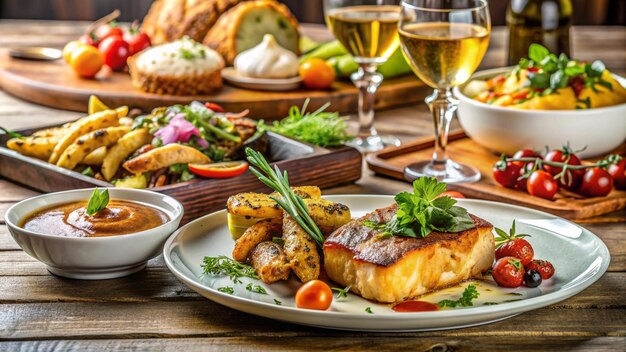 Un plato de comida con una copa de vino y un plato de comida encima