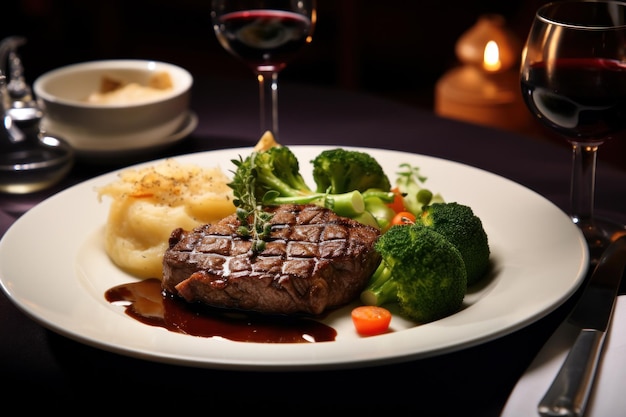 Un plato de comida con una copa de vino.